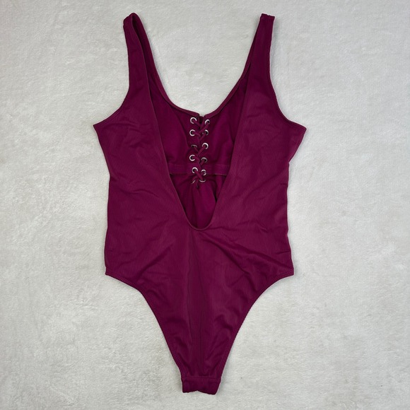 California Waves Women's  Magenta Ribbed Lace Up Front One Piece Swimsuit Purple - Picture 2 of 4